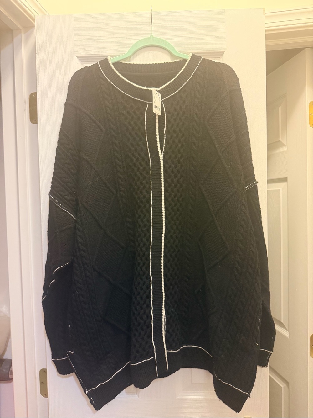 Free People Black Cable-Knit Cardigan with White Trim long